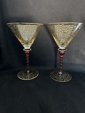 USED PAIR OF ~ PIER 1 (P1C8) RIOJA RUBY RED/GOLD SCROLLS 7 7/8" MARTINI GLASSES 