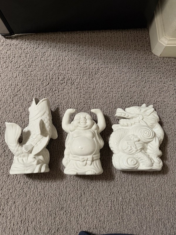 Benihana White Ceramic Vase Set – Koi Fish, Laughing Buddha & Dragon