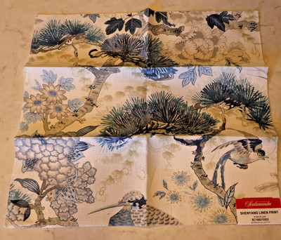 New SCALAMANDRE Shenyang Print 100% Linen Remnant 17''x18'' SQ PORCELAIN BLUE