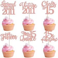 24PCS 15th Birthday Cupcake Toppers Fifteen Mis 15 Quince Vintage 2011 Cupcak...