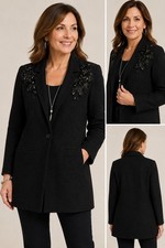 Chicos Black Beaded Embellished Blazer Jacket Women Size 2 Floral
