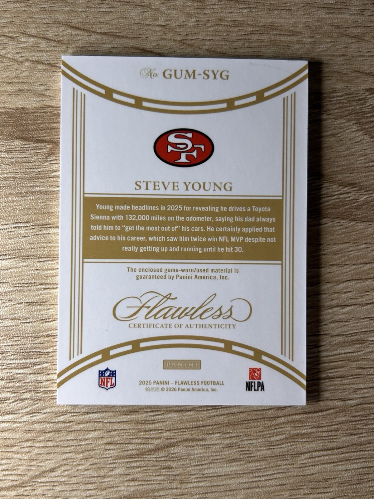 2025 Panini Flawless Steve Young Dual Patch GAME USED Platinum 1/1 49ers view 2
