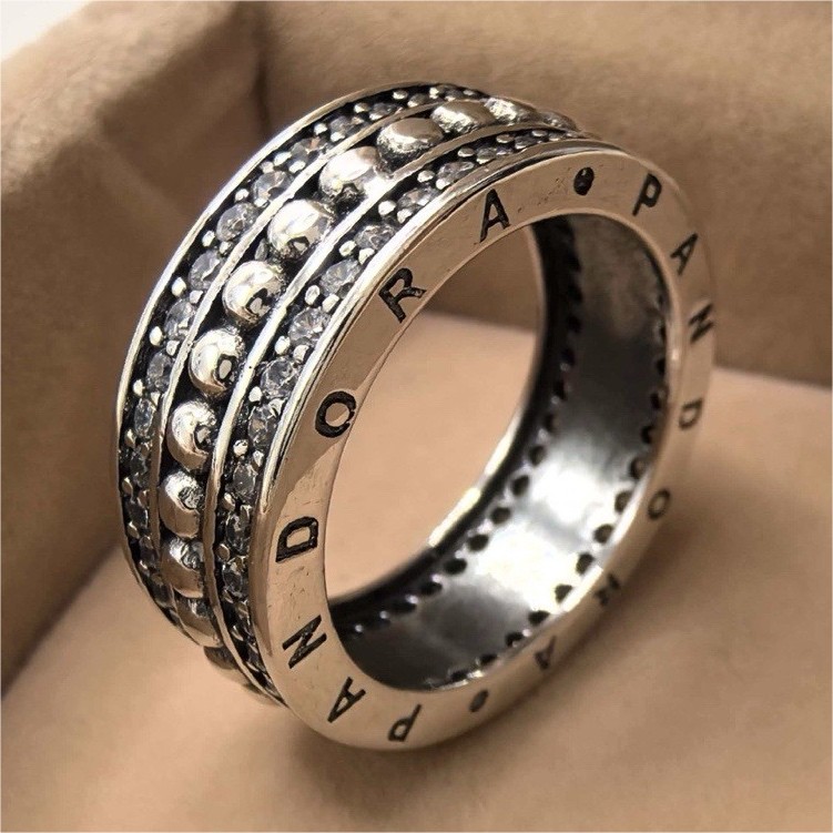 Pandora S925 Sterling Silver Triple Band Beaded & Pave Ring Size 56