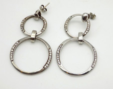 Sterling Silver Double Circle Long Dangle Earrings CZ Modern