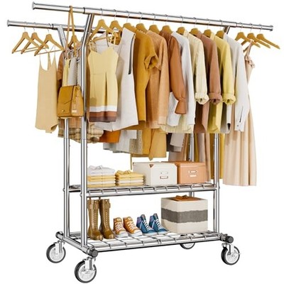 Heavy Duty Clothes Rack, Rolling Clothing Rack With Shelves Load Sliver Large