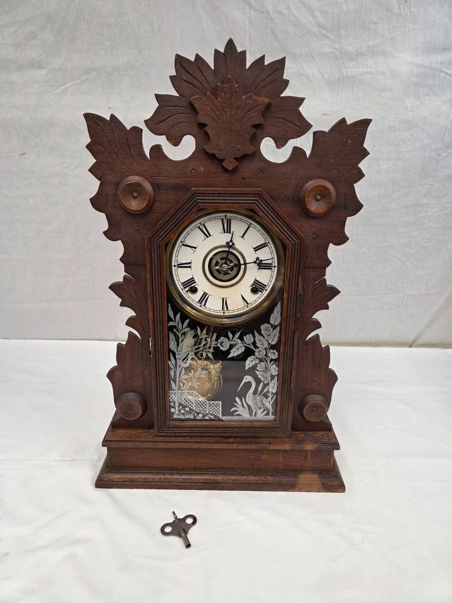 Antique 19th Cent. Gilbert Carved Walnut 8 Day Time/Strike Kitchen