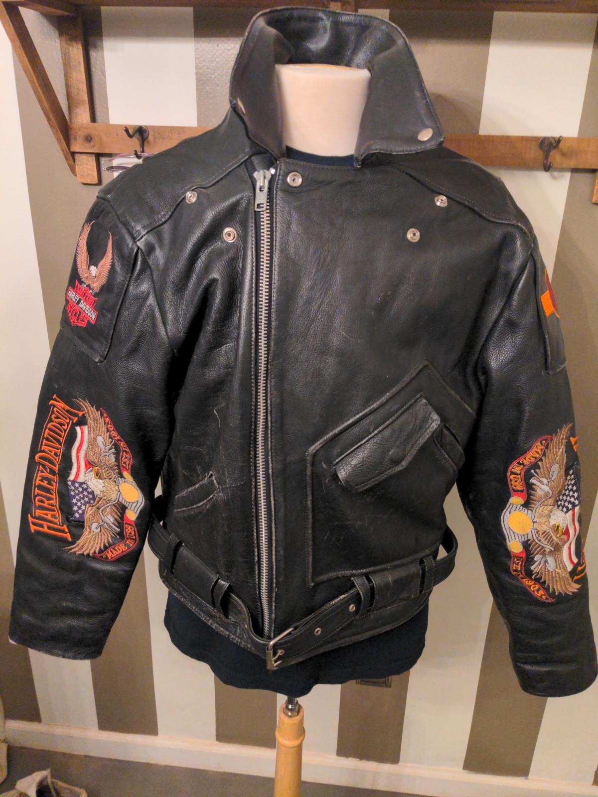 Very Rare harley-davidson leather jacket mens XL  Embroidery Patches Black Biker image 8