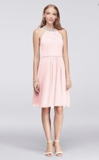 DAVID'S BRIDAL Short Chiffon Sz 8 Dress with Beaded Illusion Neckline Petal Pink