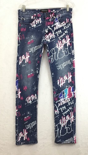 Encrypted / Street Graffiti Embellished Stretch Denim Blue Jeans / Girls Size 16 - Picture 10 of 12