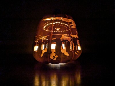 Custom Hand Carved Foam Pumpkin - UFO Over Stonehenge Halloween Unique