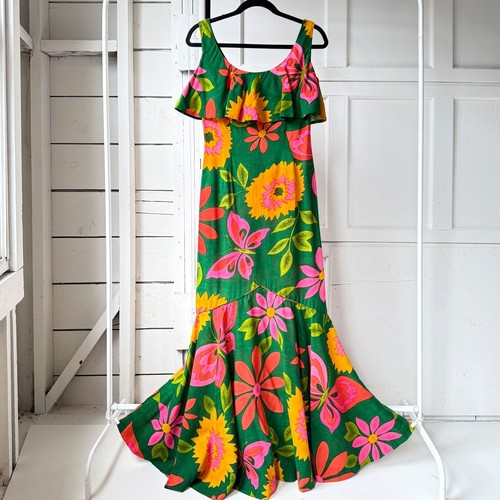 Vintage 70s Sydney Honolulu Green Butterfly Flower Print Mermaid Maxi Dress Sz S