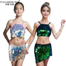 Children Belly Dance Costume Set Girl Mermaid Sequined Hip Towel Top Hip Scarf