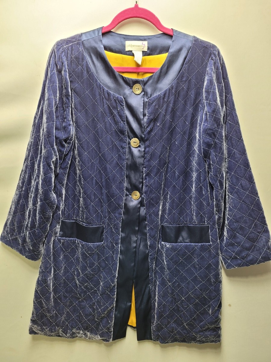 Soft Surroundings Womens Sm Silk Rayon Blue Velvet Jacket Quilted