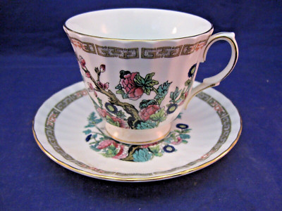 VINTAGE DUCHESS TEA CUP & SAUCER - PINK FLOWERS & RIM BANDS - RIBBED - ENGLAND