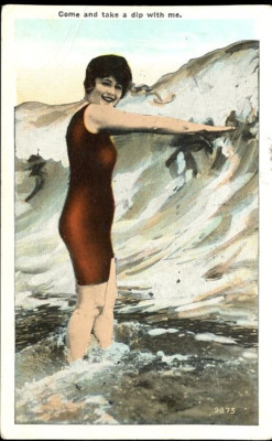 Vintage Postcard Tinted Photo Bathing Girls Take Dip with Me Ocean Wave 1920s