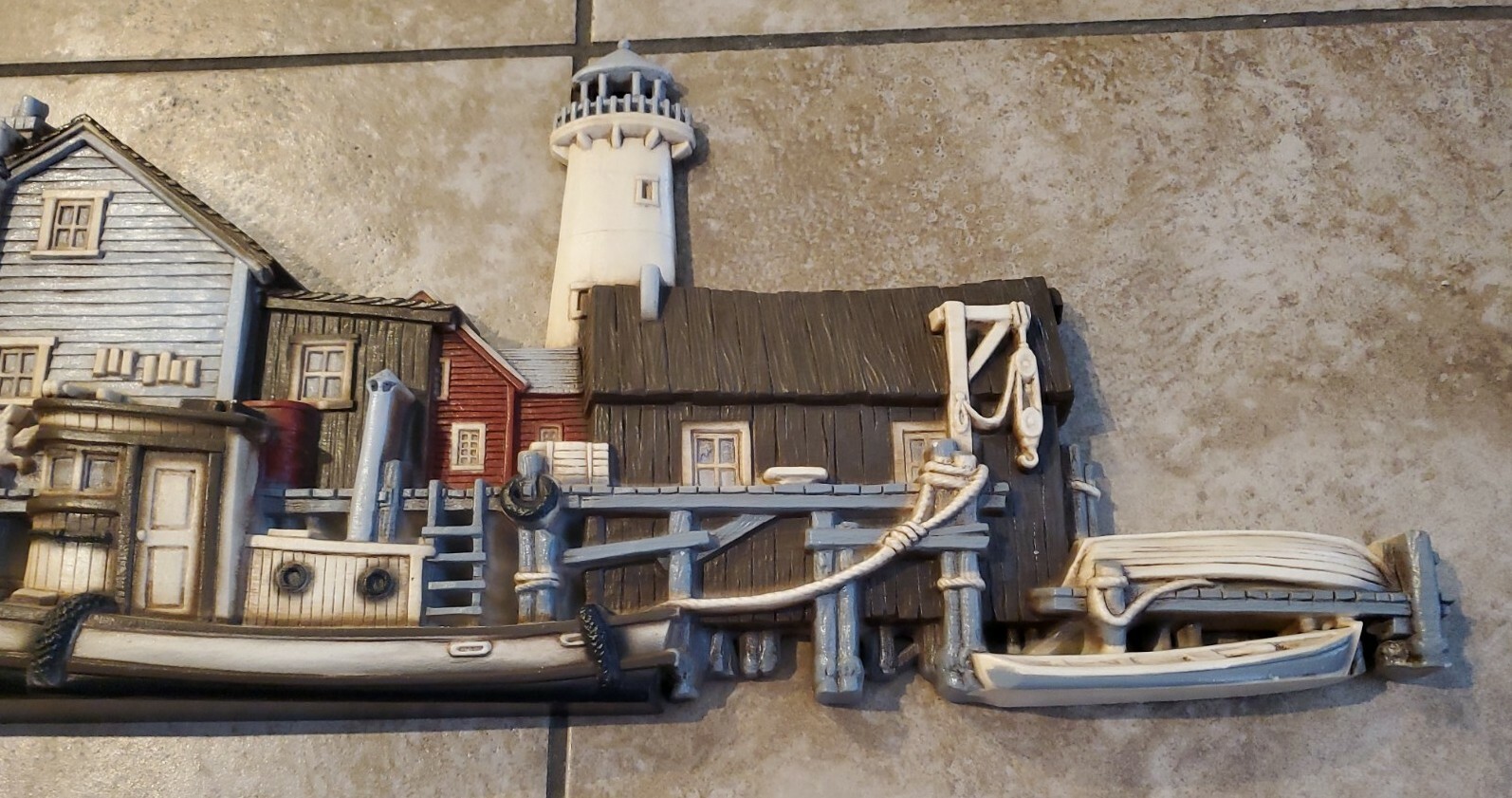 Vintage 3D Wharf Dock Lighthouse Boats WALL HANGING 53" x 18" Burwood