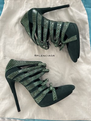 $1850 BALENCIAGA Green SUEDE PYTHON LEATHER STRAPPY PLATFORM PUMPS