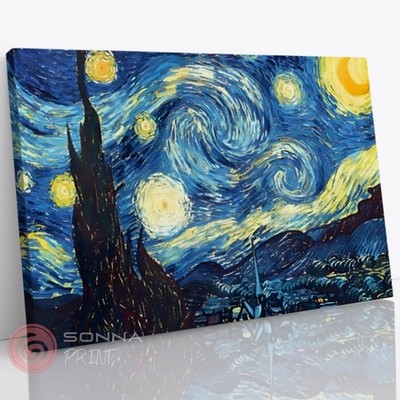 VAN GOGH STERNENKLARE NACHT GEMÄLDE WANDBILD LEINWAND TIEF MASSIV GERAHMT DRUCK BILD