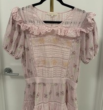 LoveShackFancy Pink Lace Mini Dress Ruffle Tiered V-Neck Puff Sleeve Size L