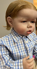 Vinyl Baby Boy Doll Light Complexion Red Straight Hair Brown Eyes Plaid Shirt