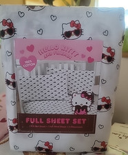 NIP Hello Kitty 100 COTTON FULL Size Sheet Set Kitty ON WHITE WITH SUNGLASSES