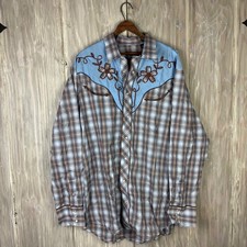 Roper Mens Plaid Long Sleeve Western Shirt Light Blue Embroidered XL Floral NWT