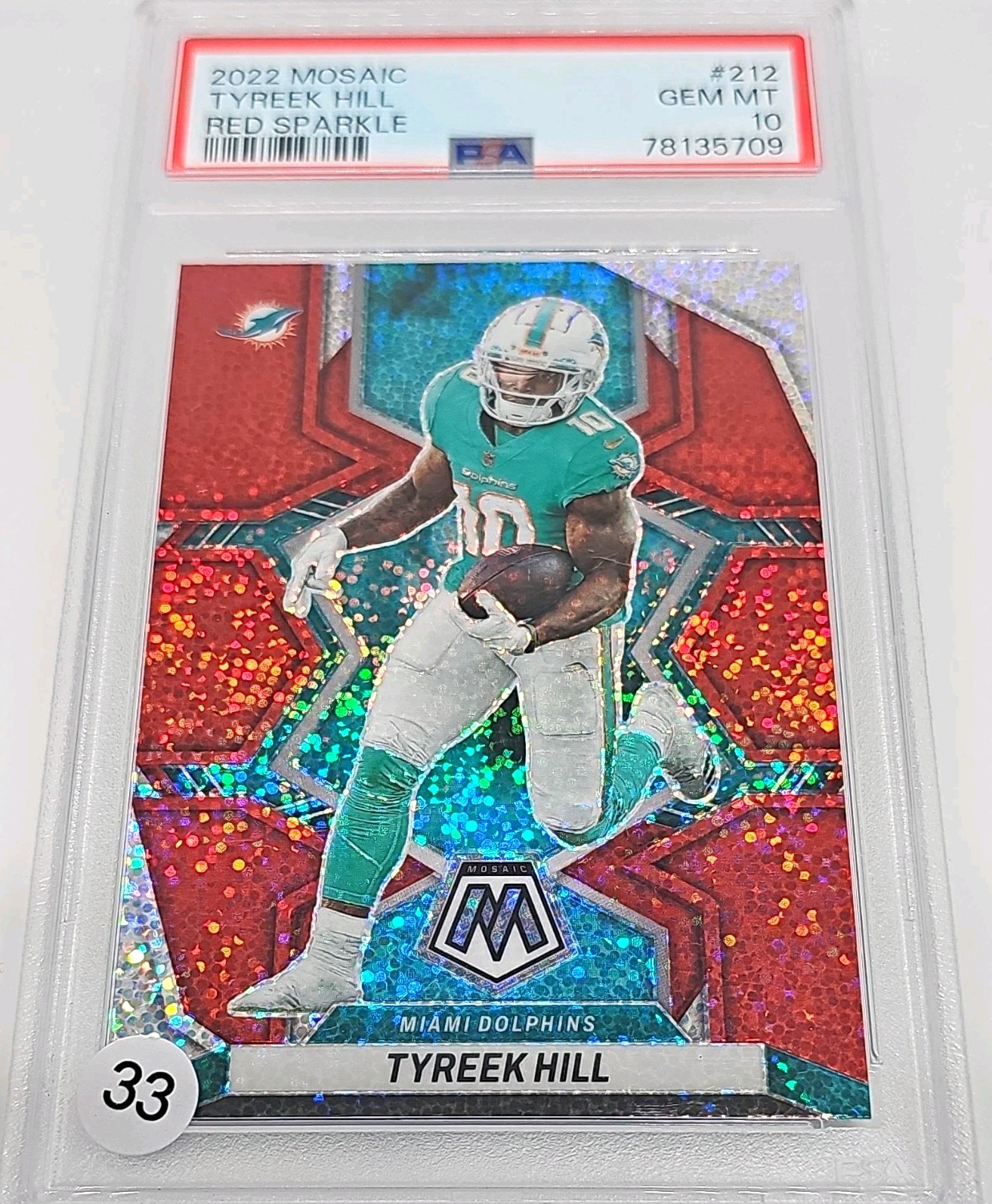 2022 Panini Mosaic Of Sb Champ WR Tyreek Hill #212 Red Sparkle Prizm PSA GM 10 view 2