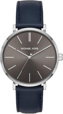 175 Michael Kors Mens Auden Navy Leather Watch MK7148 Three-Hand Silver-Tone