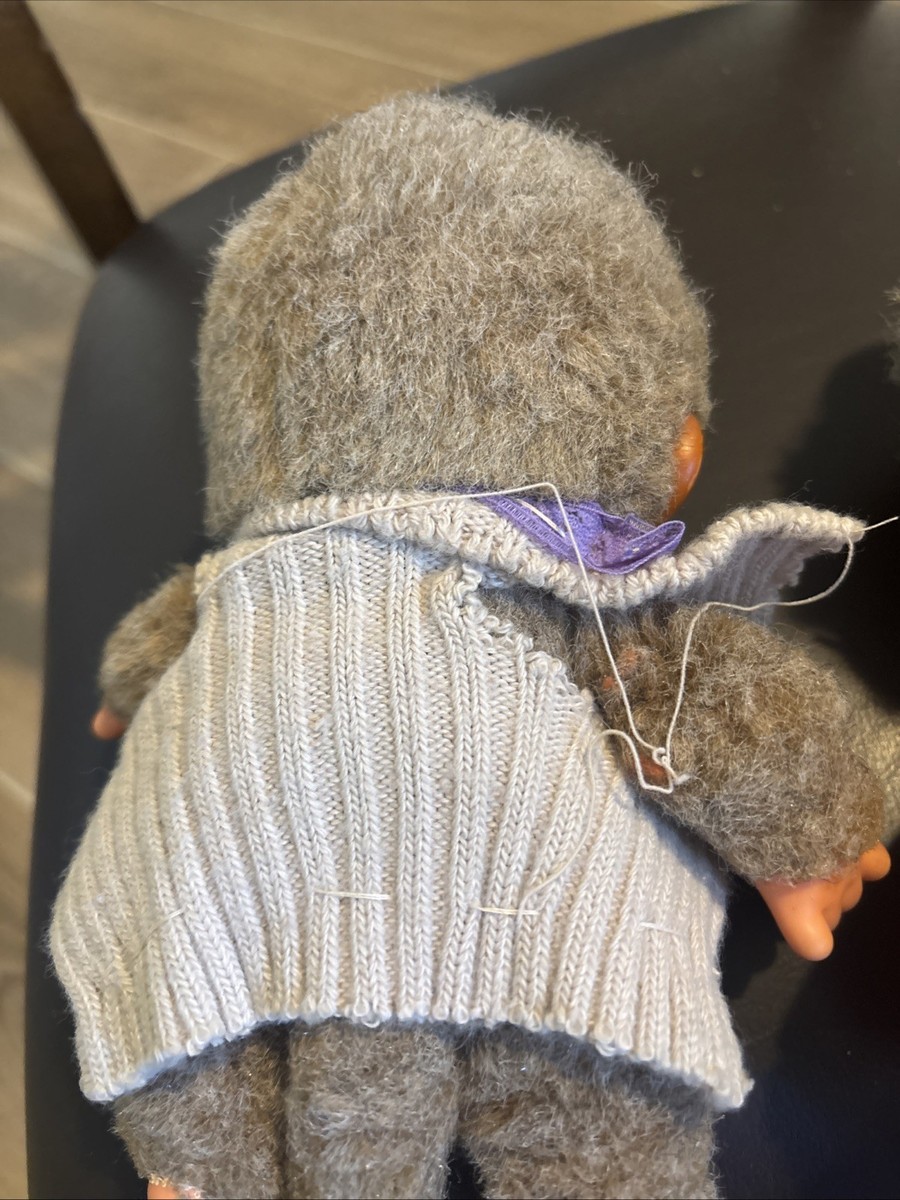 Monchhichi oma +opa 1974-Japan-Yarn, Glasses, Pipe- Tags- Grandma