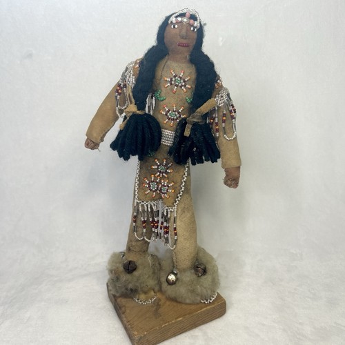 Vintage Handmade  American Indian Shoshone  Doll 11” W/ Base  beaded leather