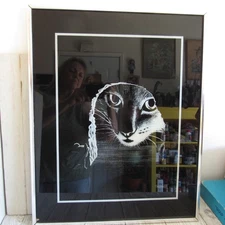 Vintage Cat Picture Droguett "Mouse View" Framed Kitten Etched Glass?