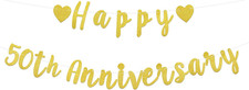 2Pcs Happy 50Th Anniversary Banner, Pre-Strung Glitter Gold 50Th Wedding Anniver