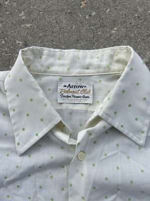 Arrow Sanforized Belmont Club 1970s White & Green Polka Dot Button Up Shirt