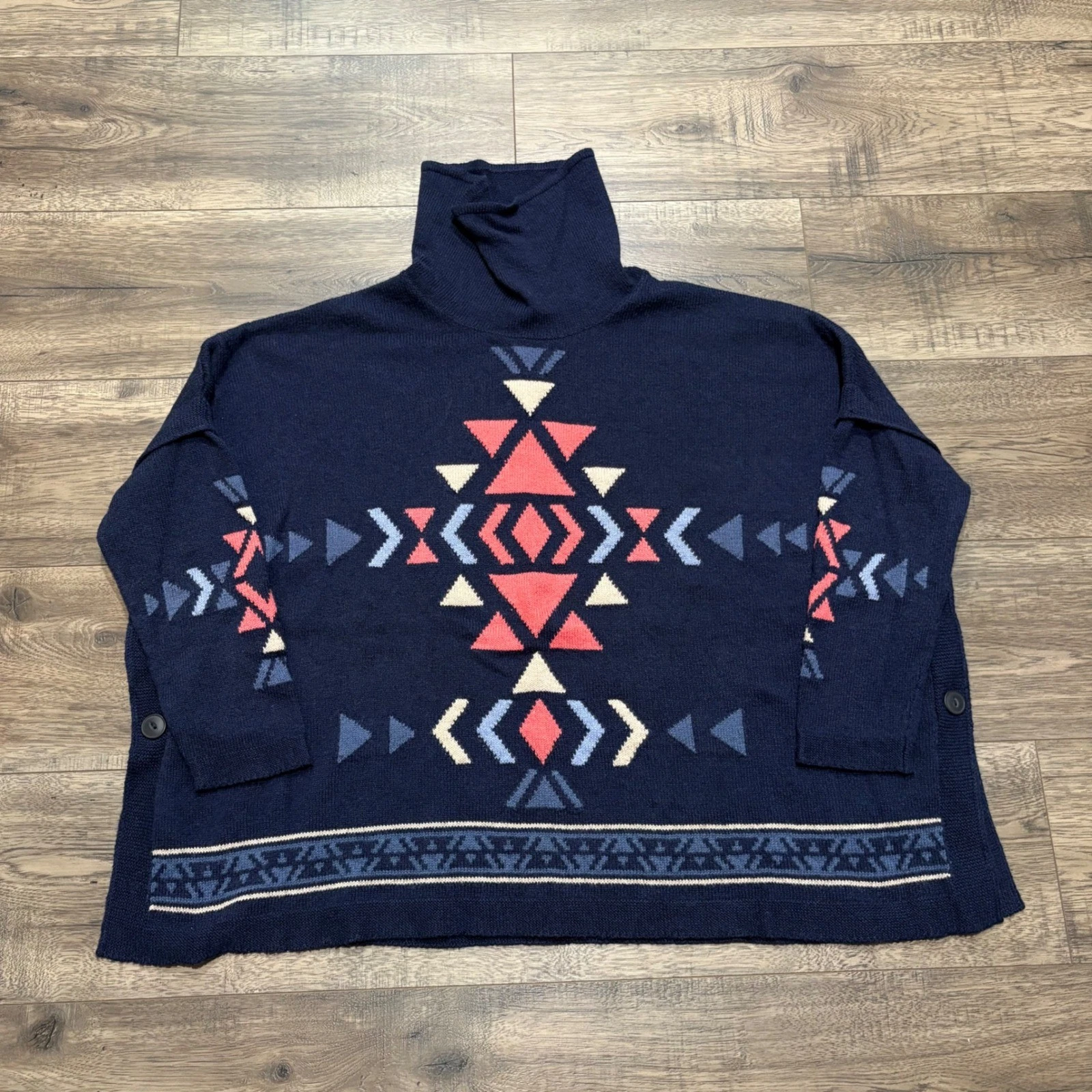 J. Jill Navy Blue Aztec pullover Geometric Cowl Neck Poncho Sweater SSW180171 M