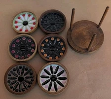 Rare 6 Mid Century Ceramic Tile  Wood Coasters Danish Modern Style Japan 50s 60s