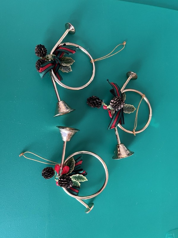 3 Vintage Brass French Horn Christmas Ornaments