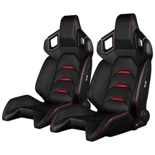 BRAUM Black Leatherette ALPHA-X Racing Seats w/Red Stitch &Piping BRR5-BKRD Pair