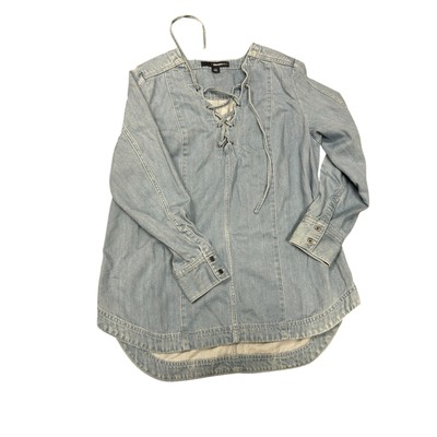 Denim 24/7 14W Blue Denim Long Sleeve Lace-Up V-Neck Top Curved Hem Western