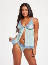 Seven ’til Midnight Lace & Mesh Triangle Cup Babydoll Blue
