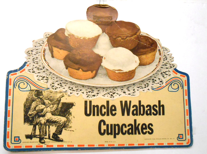 Original Store Cardboard Sign "Uncle Wabash" Banjo Cupcakes Schultze Bakery 1924