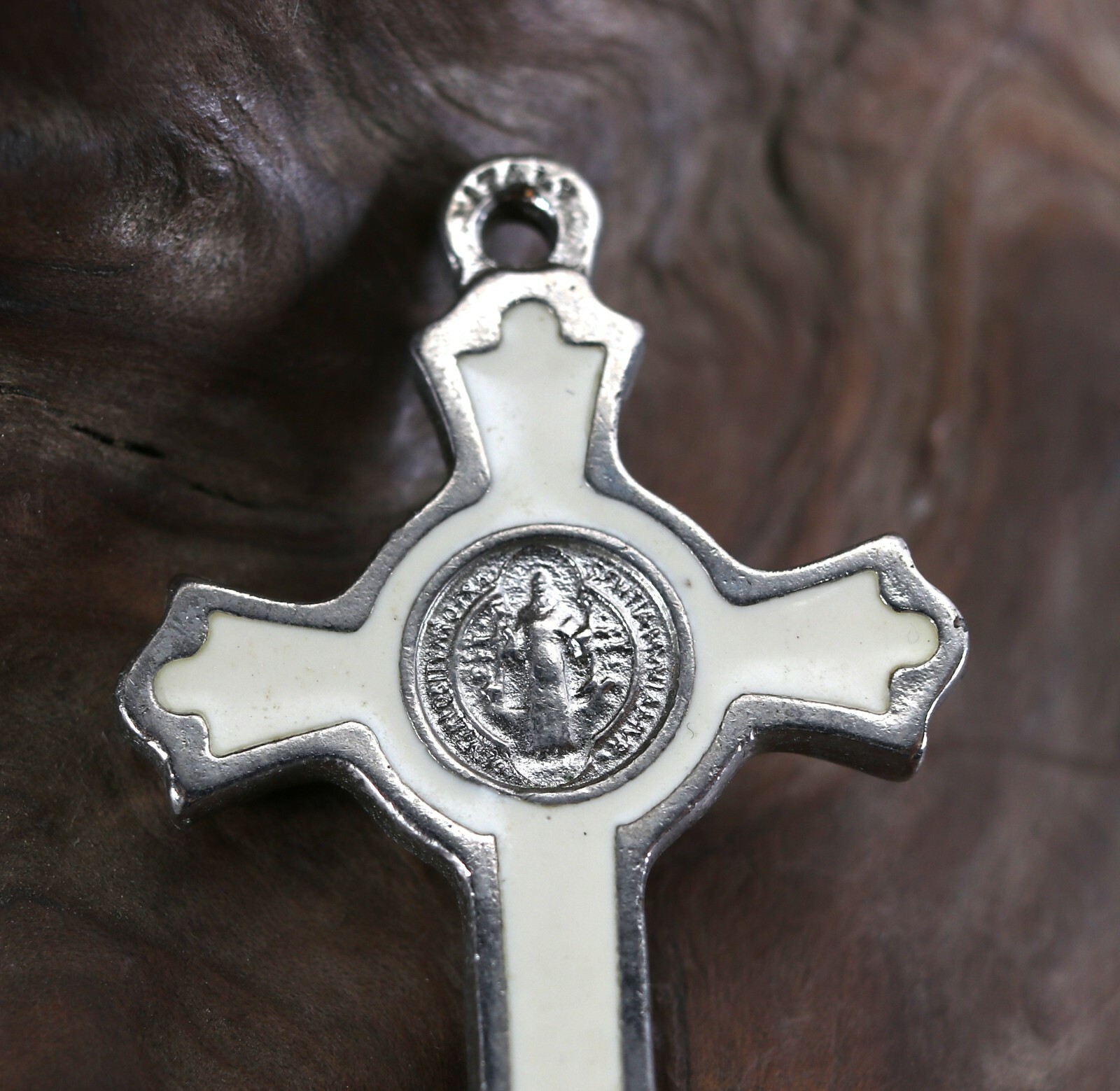 Vintage INRI Crucifix Catholic Jesus Christian Cross Pendant White Enamel