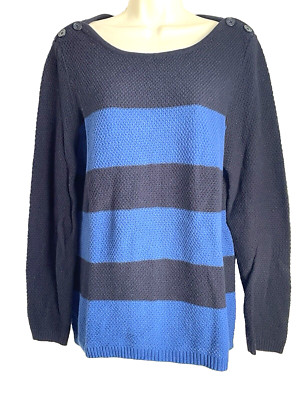 Ann Taylor LOFT XL Sweater Two Tone Blue 100% Cotton Shoulder Buttons Scoop Neck