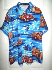 Mens Graphic Woodies and Surf Boards Shirt Size XL Palm Trees Blue Front Pocket