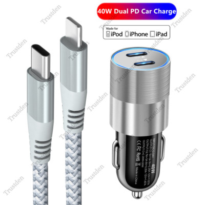 For iPhone 14 13 12 11 8 40W Dual Type C Car Charger Adapter Fast Charging Cable