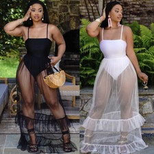 Sexy Women Spaghetti Strap Sleeveless Mesh Patchwork Bodycon Summer Long Dress