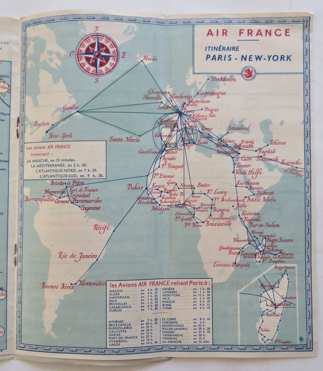 Air France System Route Map Paris - New York 1947 advertising