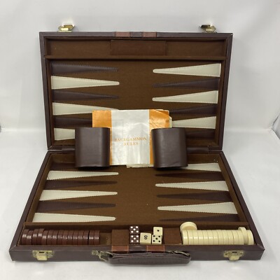 Vintage Brown Faux Leather Backgammon Set in 15-1/4X 10  Tabletop Very Nice