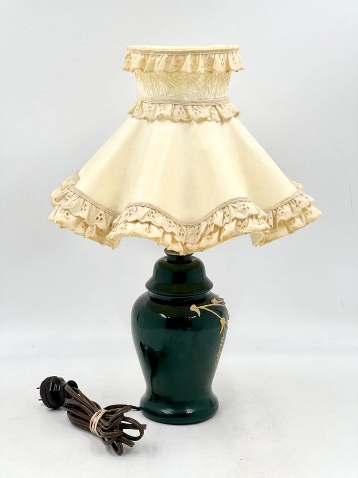 VTG Nightstand Bedside Table Lamp-Dark Green w-Grapevine Applique/Ruffle Shade - Image 3 of 4