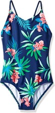 Kanu Surf Girls' Daisy Beach Sport 1-Piece Swimsuit, Leonie Floral Navy, 14