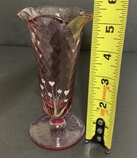 Fenton Plum Amethyst Purple Diamond Optic Hand Painted Signed Glass Vase 5 1/2